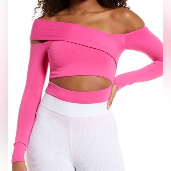 Naked Wardrobe Raspberry Pink Off the Shoulder Cut Out Bodysuit Size L - Picture 7 of 7